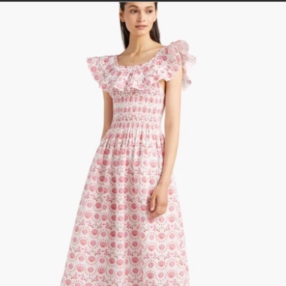 Hill House Pink Ruffled Smocked Midi Dress